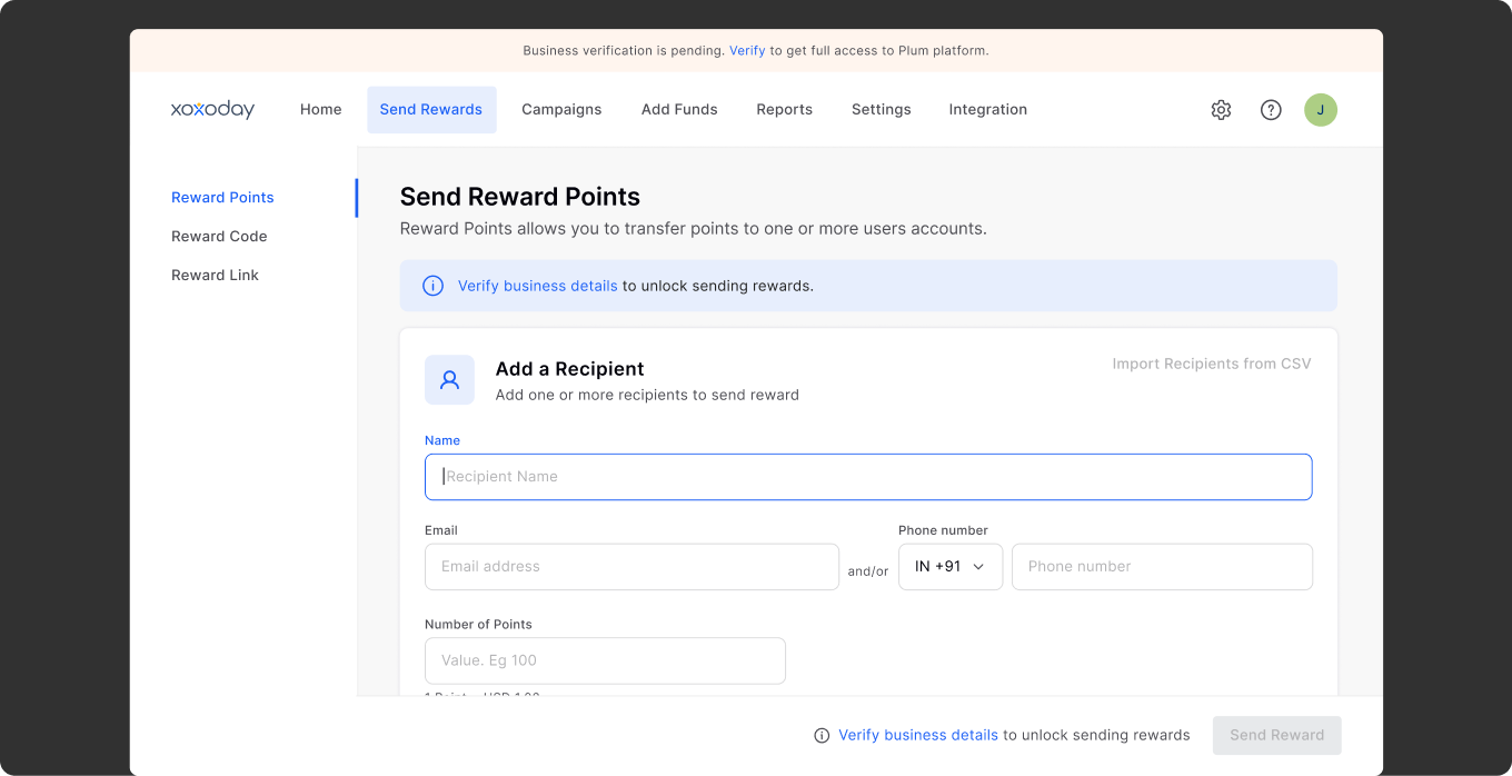 Send Reward Points blocked due to incomplete business verification